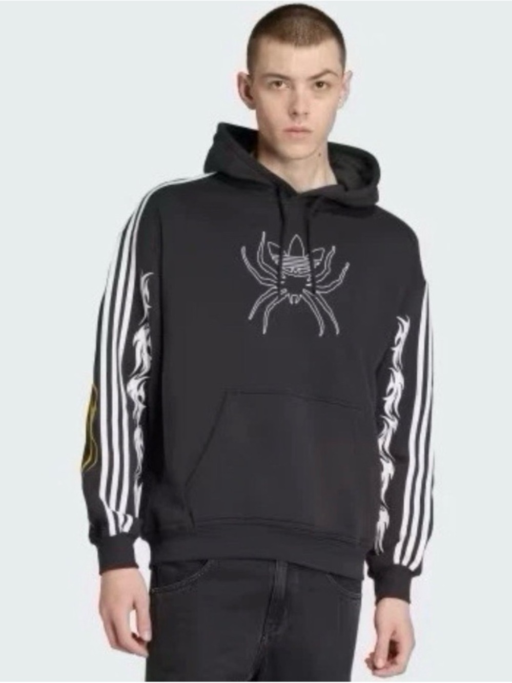 adidas Black Hoodie with White Stripe & Spider Graphic